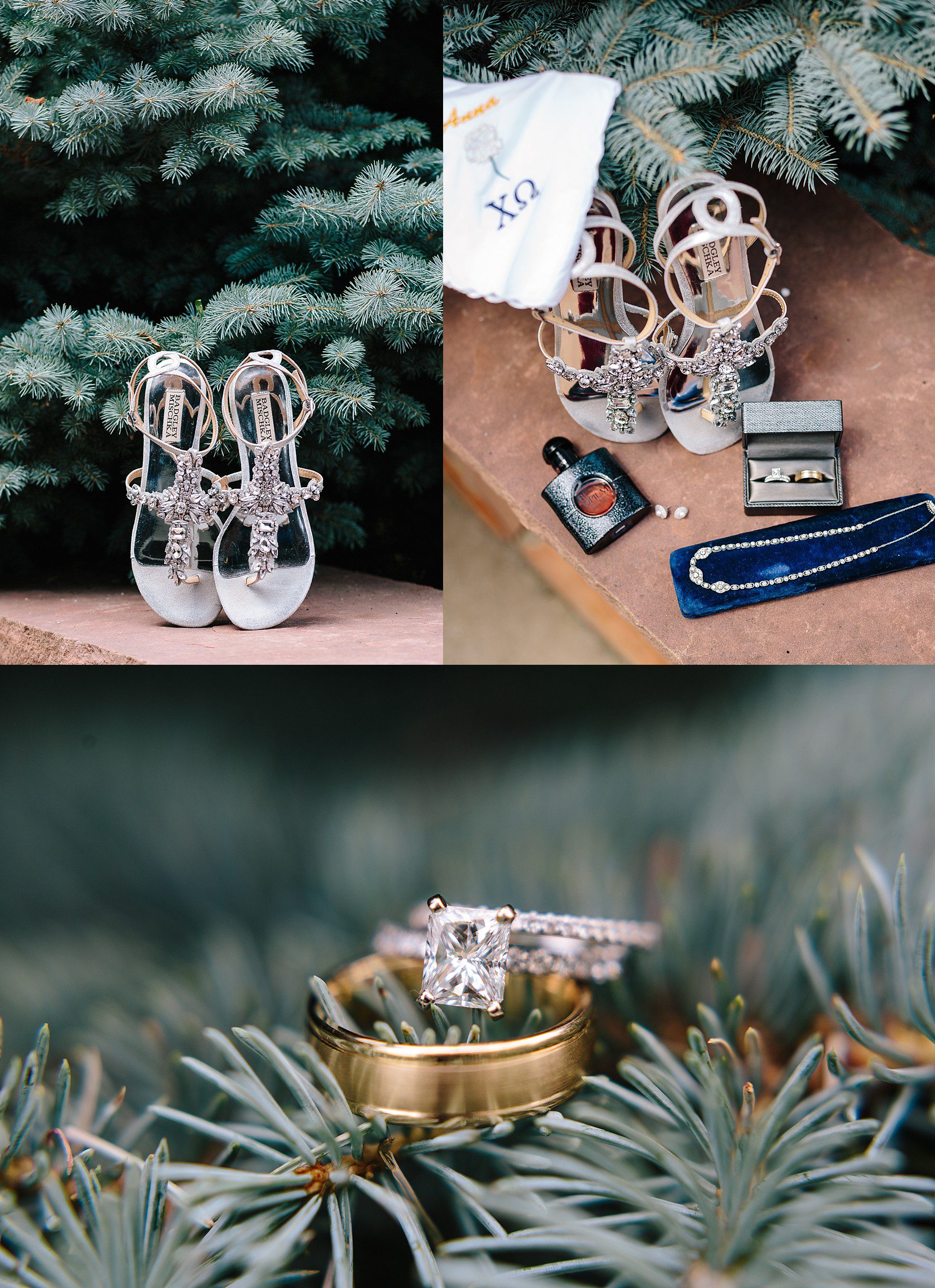 Bridal details, Badgely Mischka bridal shoes, bridal jewelry, wedding rings, Yves Saint Laurent Eau De Perfume Spray for Women