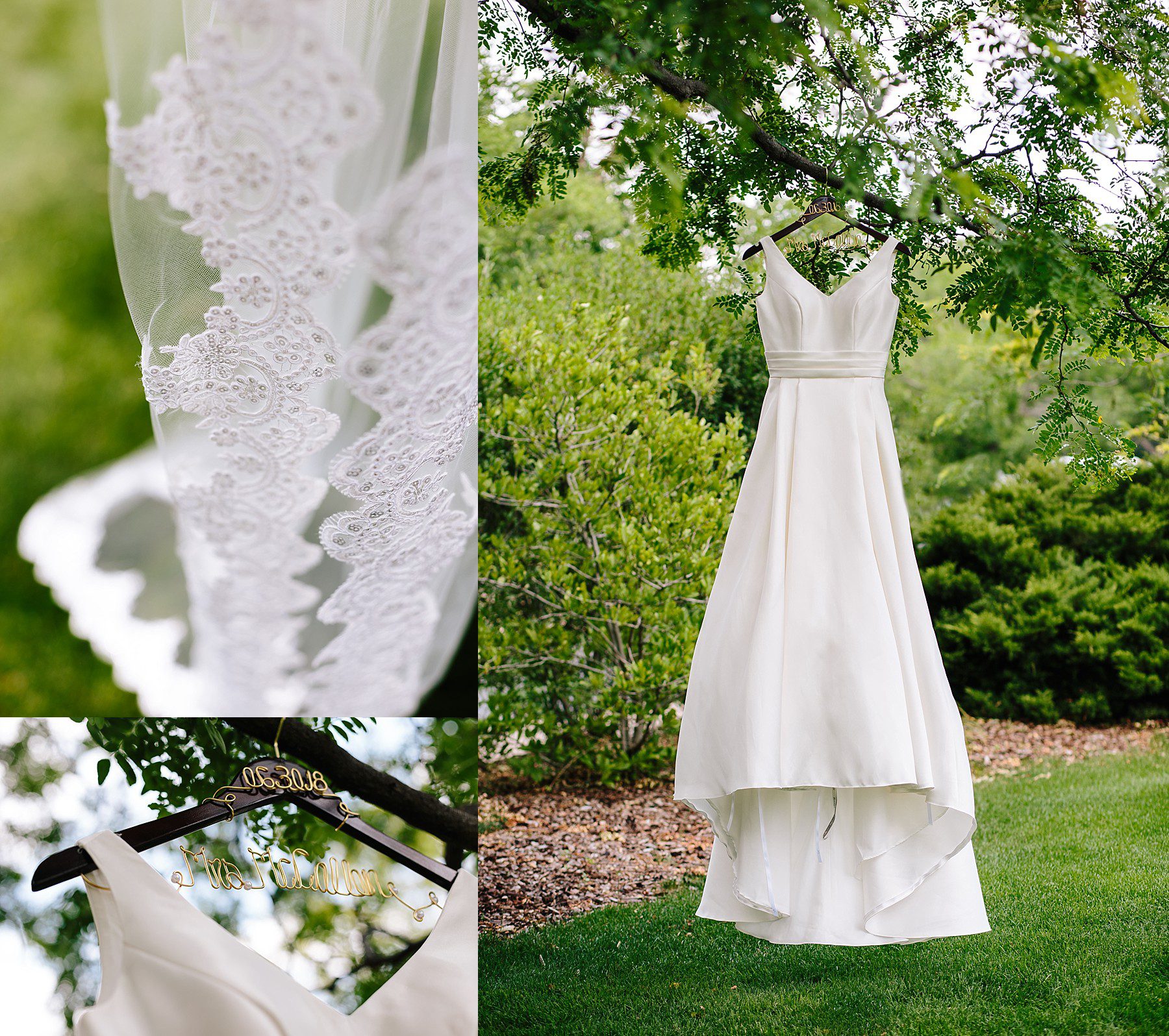 Customized bridal hanger, Namesake bridal hanger, cathedral veil, lace veil, wedding dress details, Casa Bianca Bridal Boutique Gown
