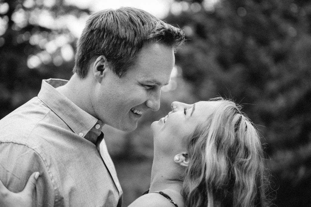 Morrison Engagement session, black and white photo of couple laughing together 